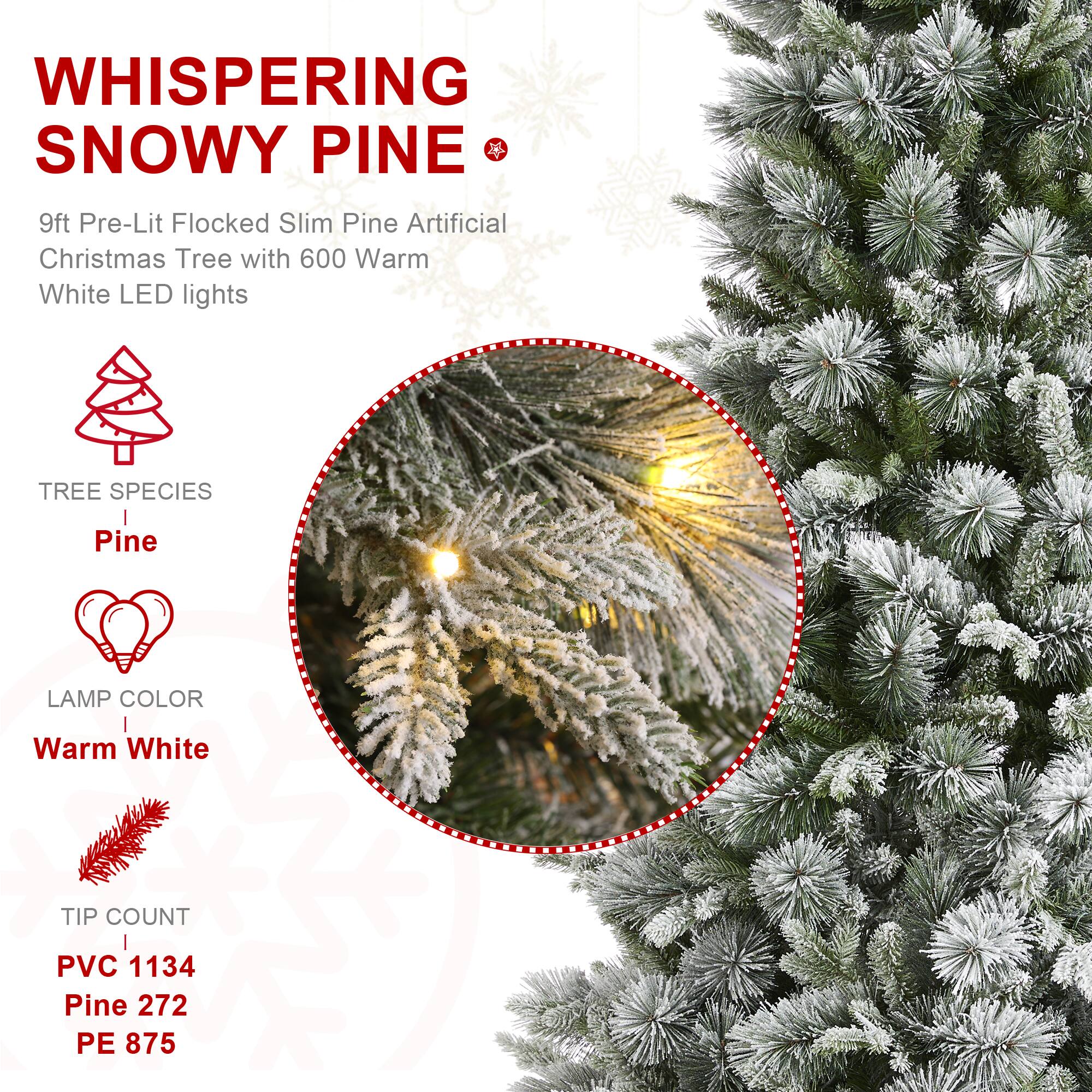 Glitzhome® 9ft Pre-Lit Flocked Slim Pine Artificial Christmas Tree, Warm White LED Lights
